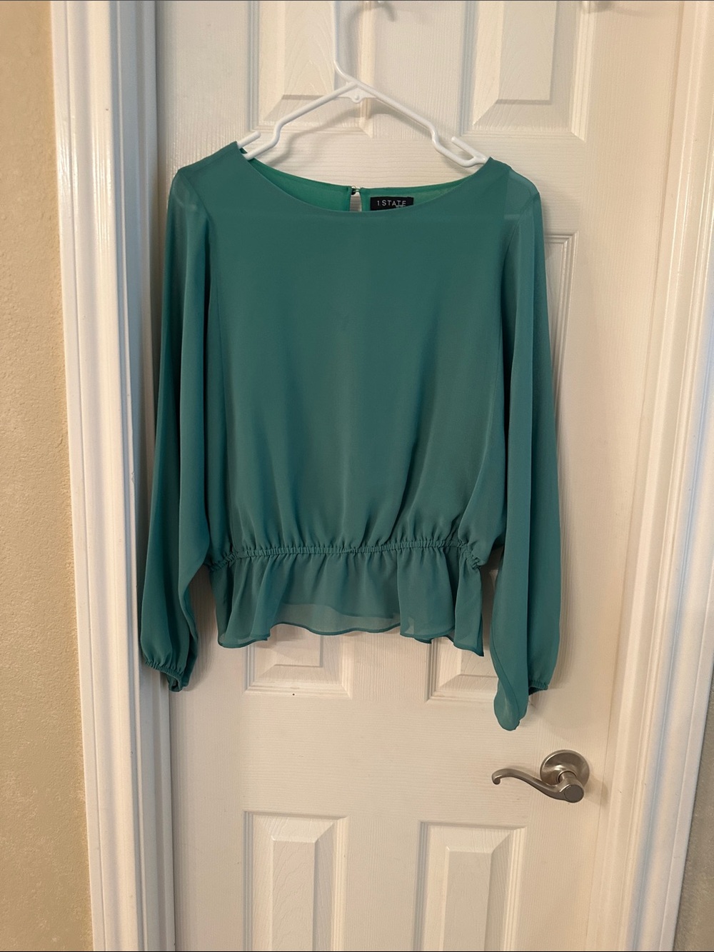1. State Teal Peplum Hem Long-Sleeve Blouse
